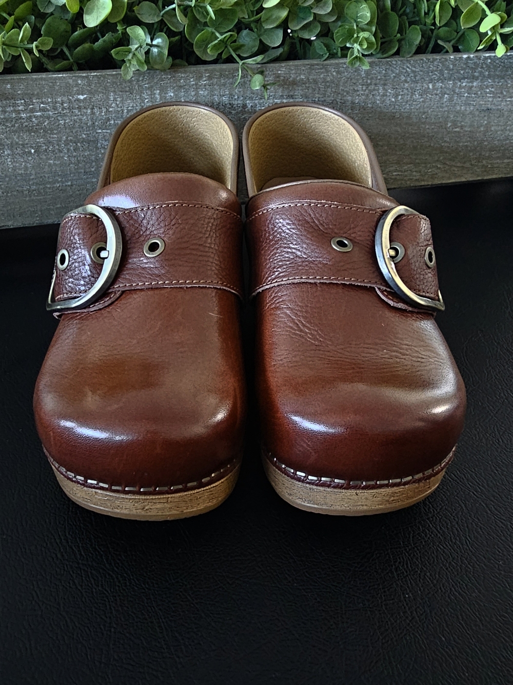 Dansko Women's Boho-chic Brown Leather Slip-On Clogs with Buckle Size 10 (41)